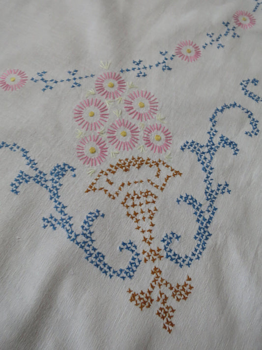 Pretty Vintage Linen Union Table Cloth- Hand Embroidered Cross Stitch Flowers