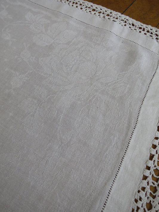 Vintage Irish Linen Table Topper- Floral Rose Damask & Hand Crochet Lace