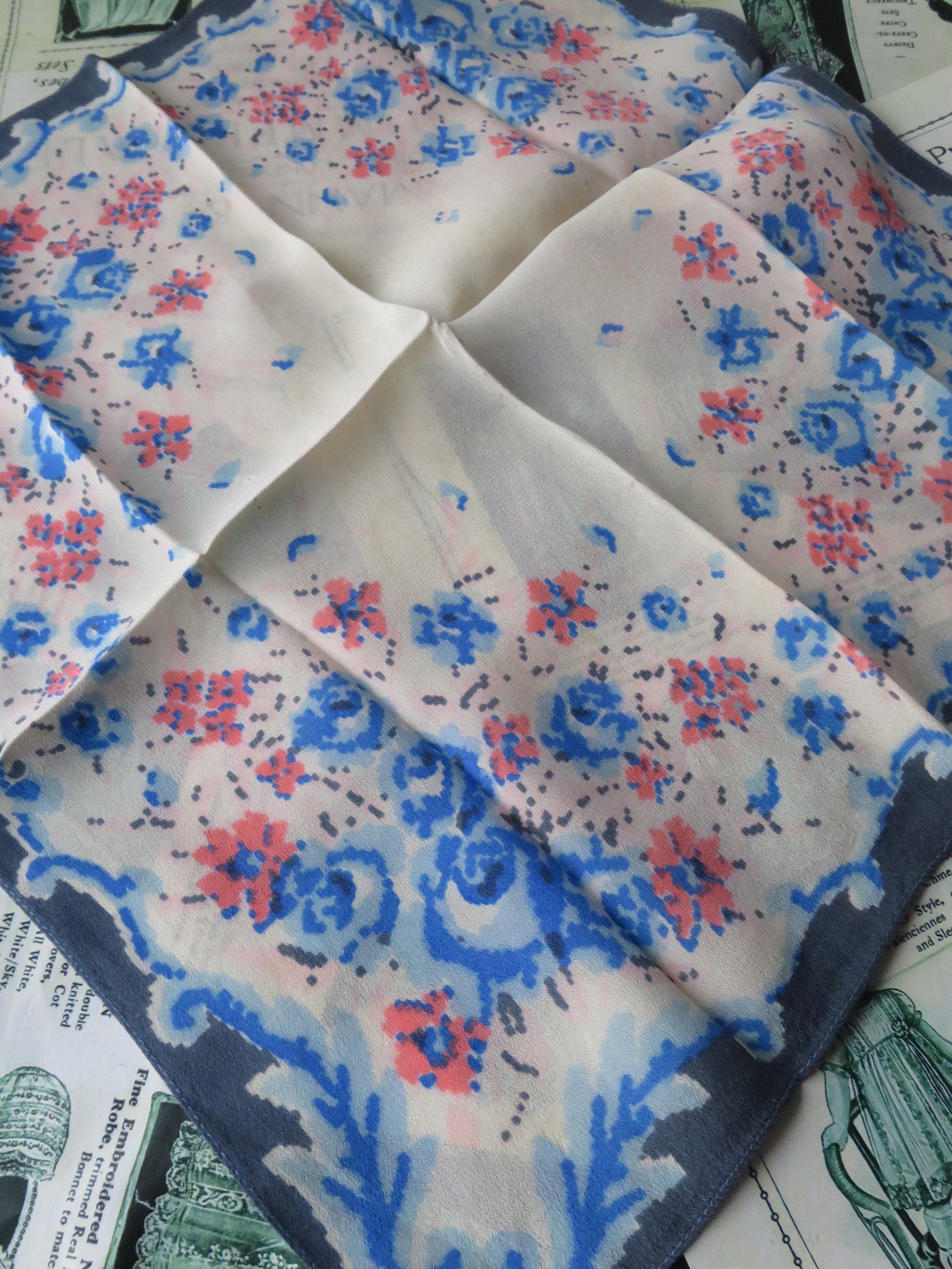 Floral Antique Art Deco Faux Silk Printed Handkerchief