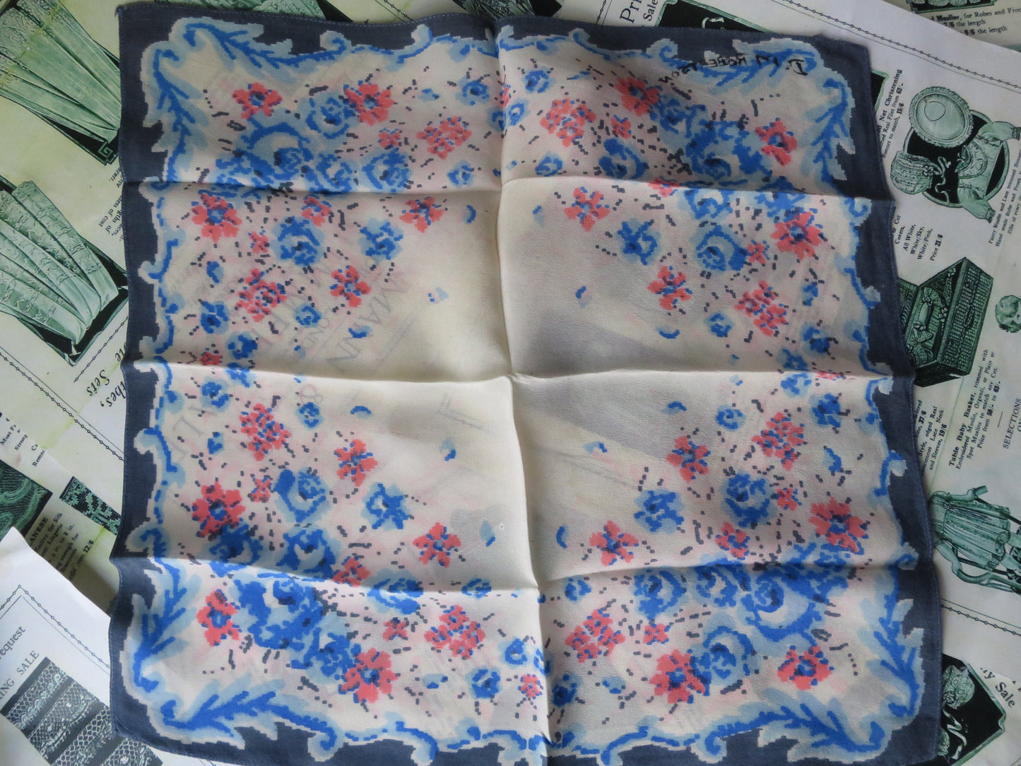 Floral Antique Art Deco Faux Silk Printed Handkerchief