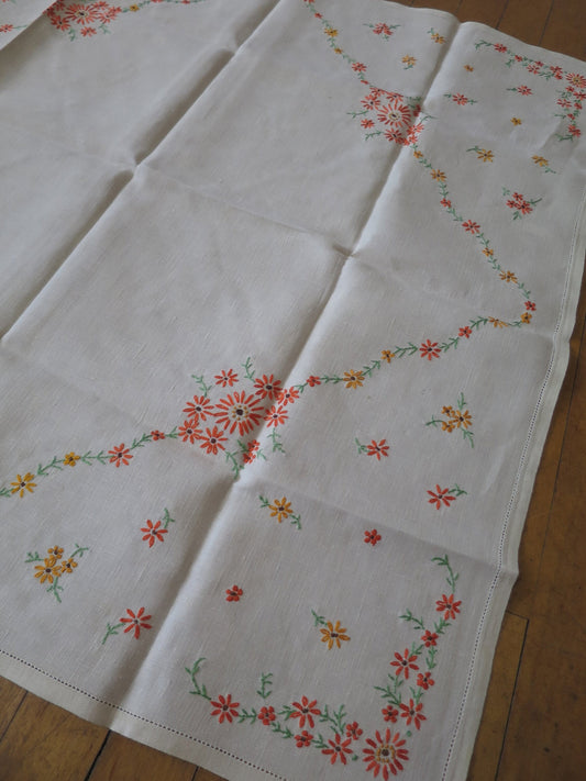 Lovely Vintage Irish Linen Table Cloth- Hand Embroidered Orange Flowers