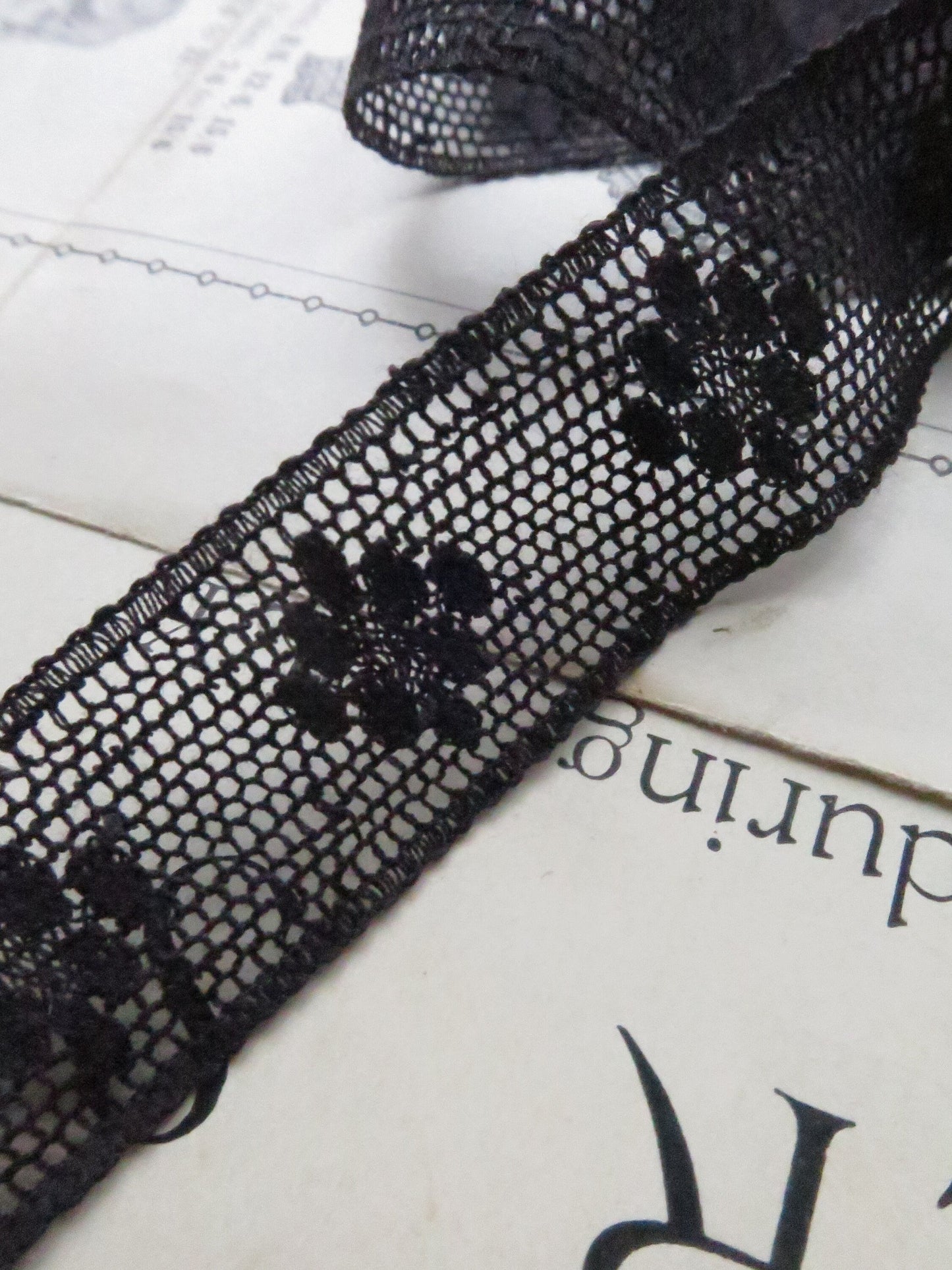 Black English Nottingham Lace- Valenciennes Diamond Spots- Insertion -1.7 cm