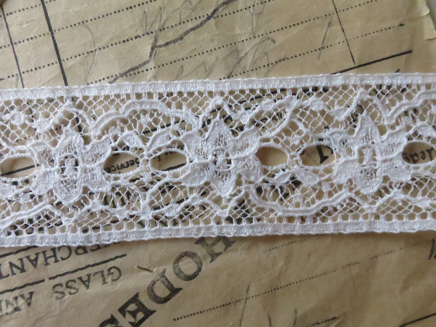 Off White English Nottingham Lace- Raised Floral Double Eyelet- Insertion- 3.7 cm