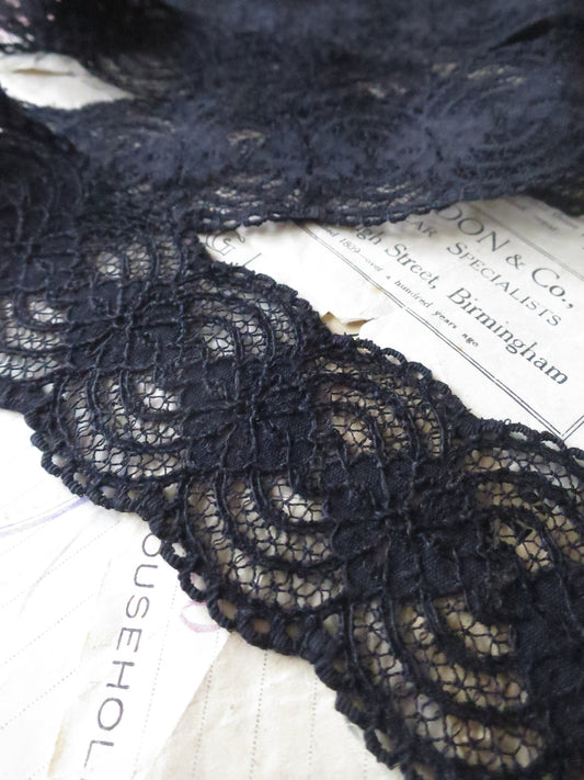 Black English Nottingham Lace- Raised Floral- Galloon- 5.5 cm