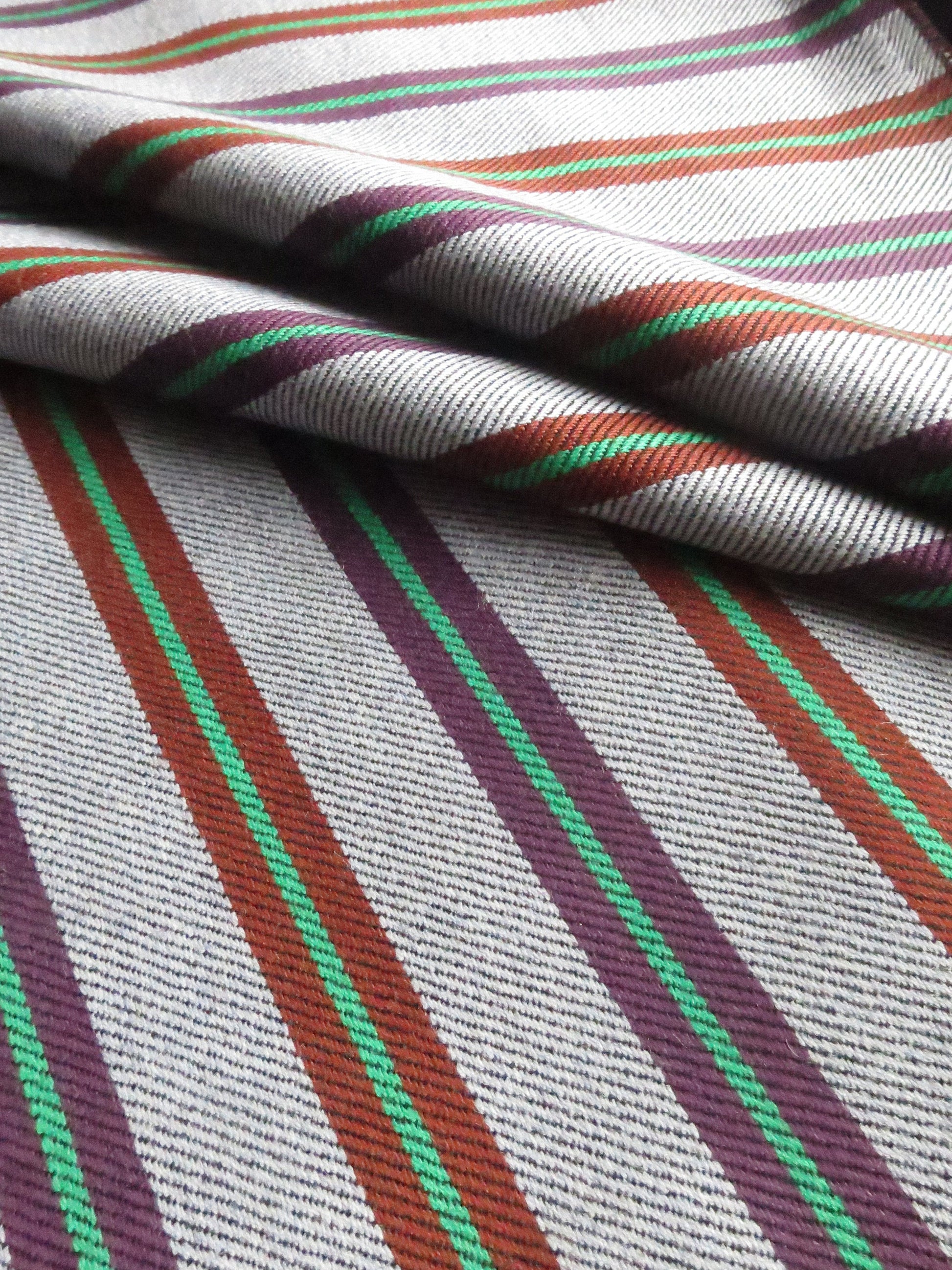 Lightweight Scottish Worsted Wool Fabric- Mauve Burgundy Rust & Green Striped Twill Weave- By the Meter