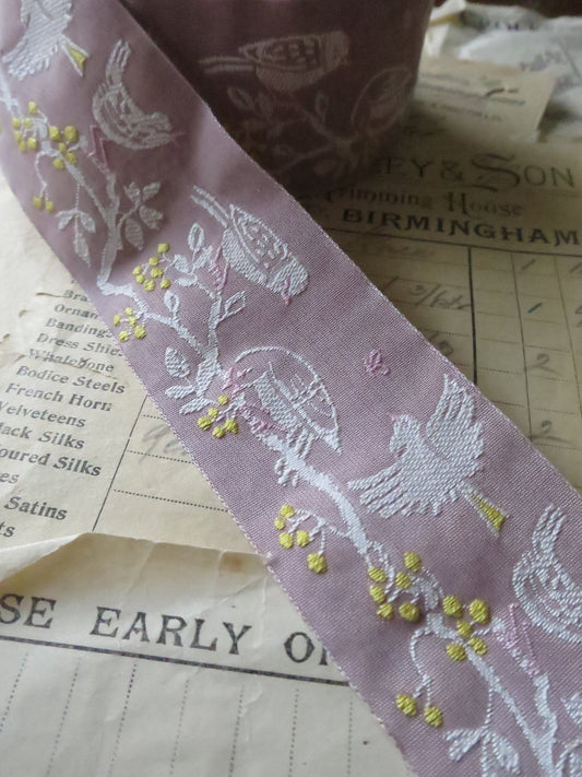 Nesting Birds 40 mm Jacquard Woven Ribbon- Dusky Pink