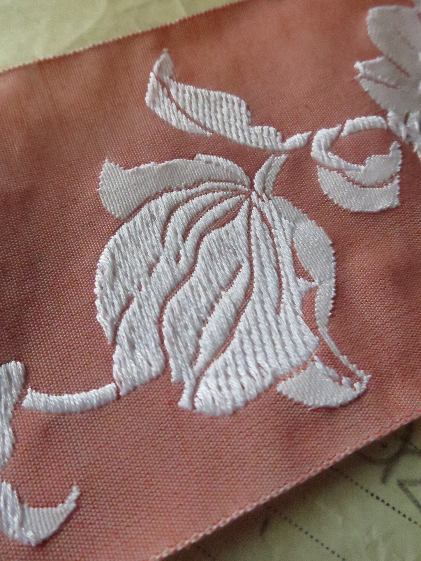 Trailing Tulips 60 mm Jacquard Woven Ribbon- Pink & White