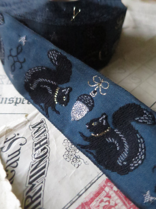 Squirrels & Silver Acorns- 32 mm Jacquard Woven Ribbon- Teal