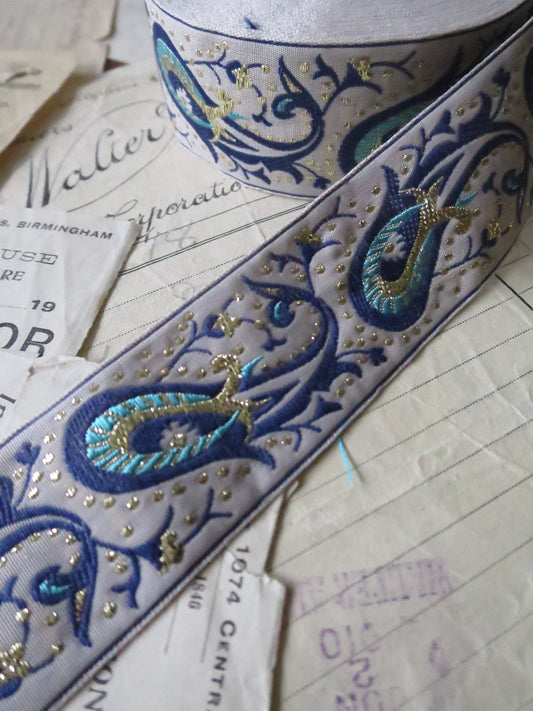 Paisley 32 mm Jacquard Woven Ribbon- Blue & Gold