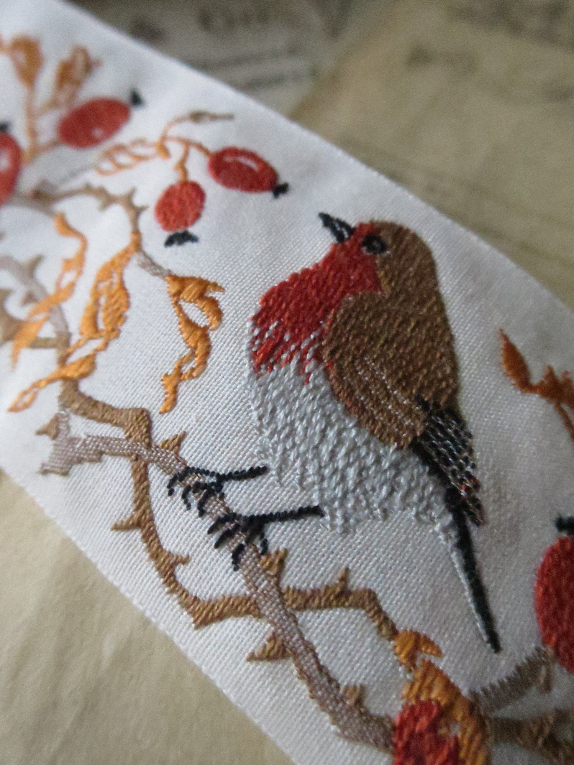 Robins & Rose Hips 40 mm Jacquard Woven Ribbon- Cream