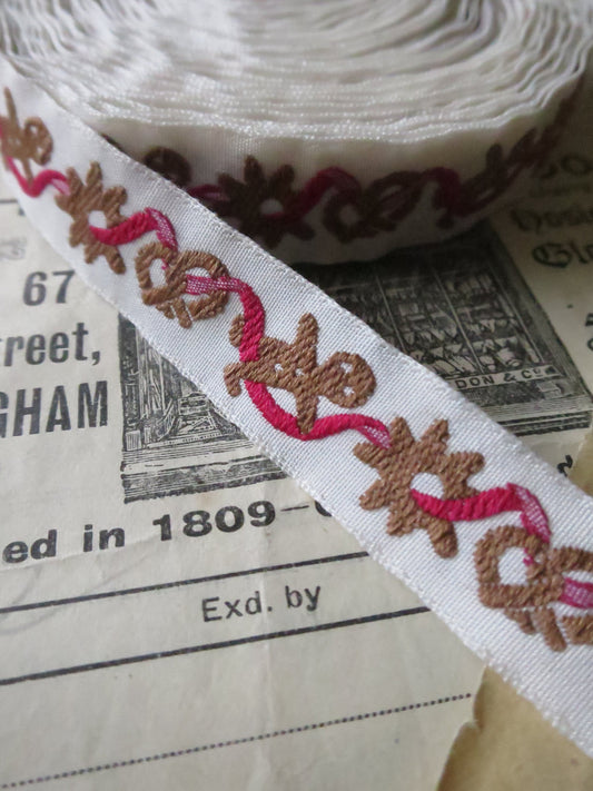 Gingerbread Men & Cookies on Red Ribbon 15 mm Jacquard Woven Ribbon