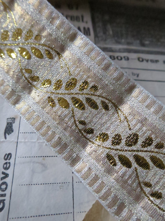 Gold Scrolled Leaves 32 mm Jacquard Woven Ribbon