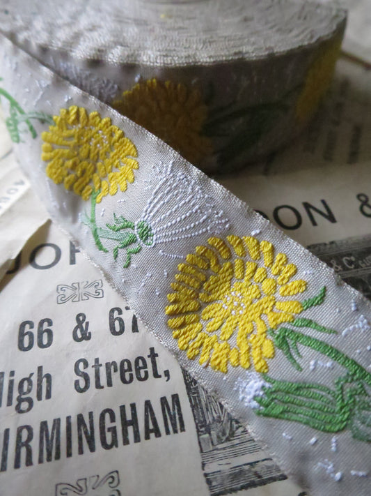 Dandelion Flowers 25 mm Jacquard Woven Ribbon- Grey