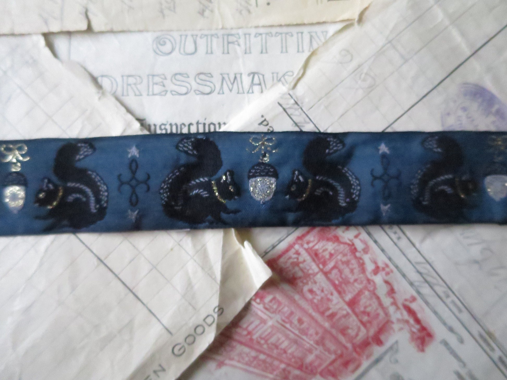 Squirrels & Silver Acorns- 32 mm Jacquard Woven Ribbon- Teal