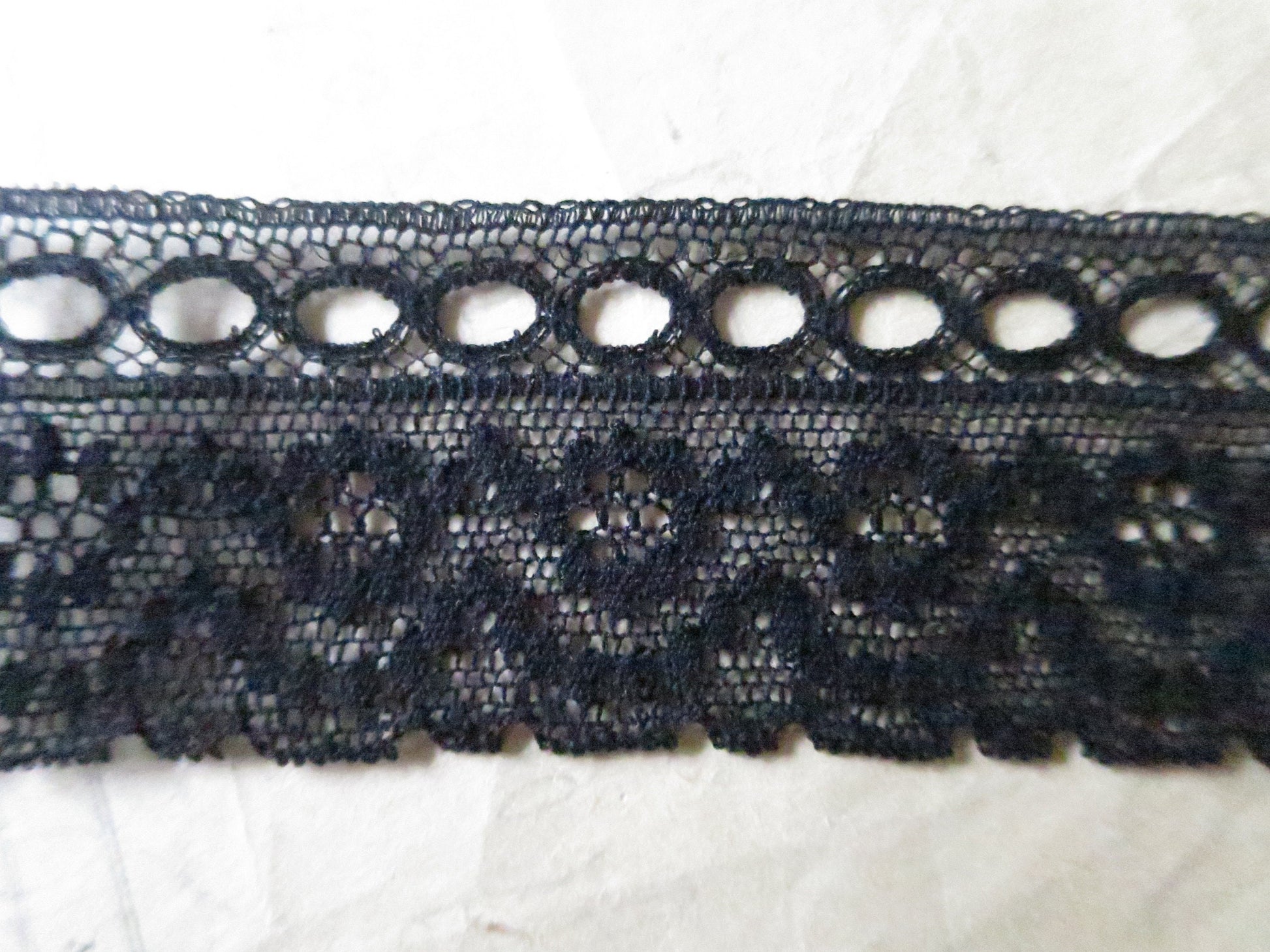 Black English Nottingham Lace- Diamond Spots- Eyelet Lace- 3.7 cm