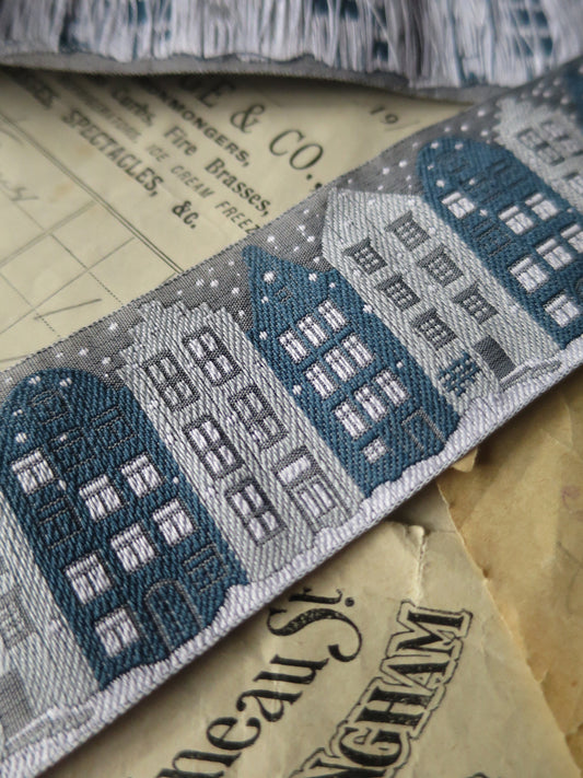 Christmas Houses 40 mm Jacquard Woven Ribbon- Grey, Teal & White