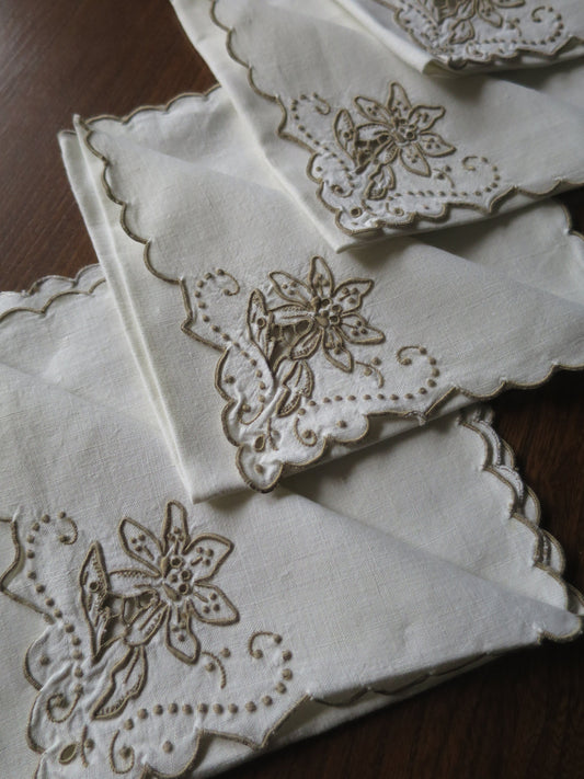 4 Art Deco Irish Linen Madeira Hand Embroidered Napkins