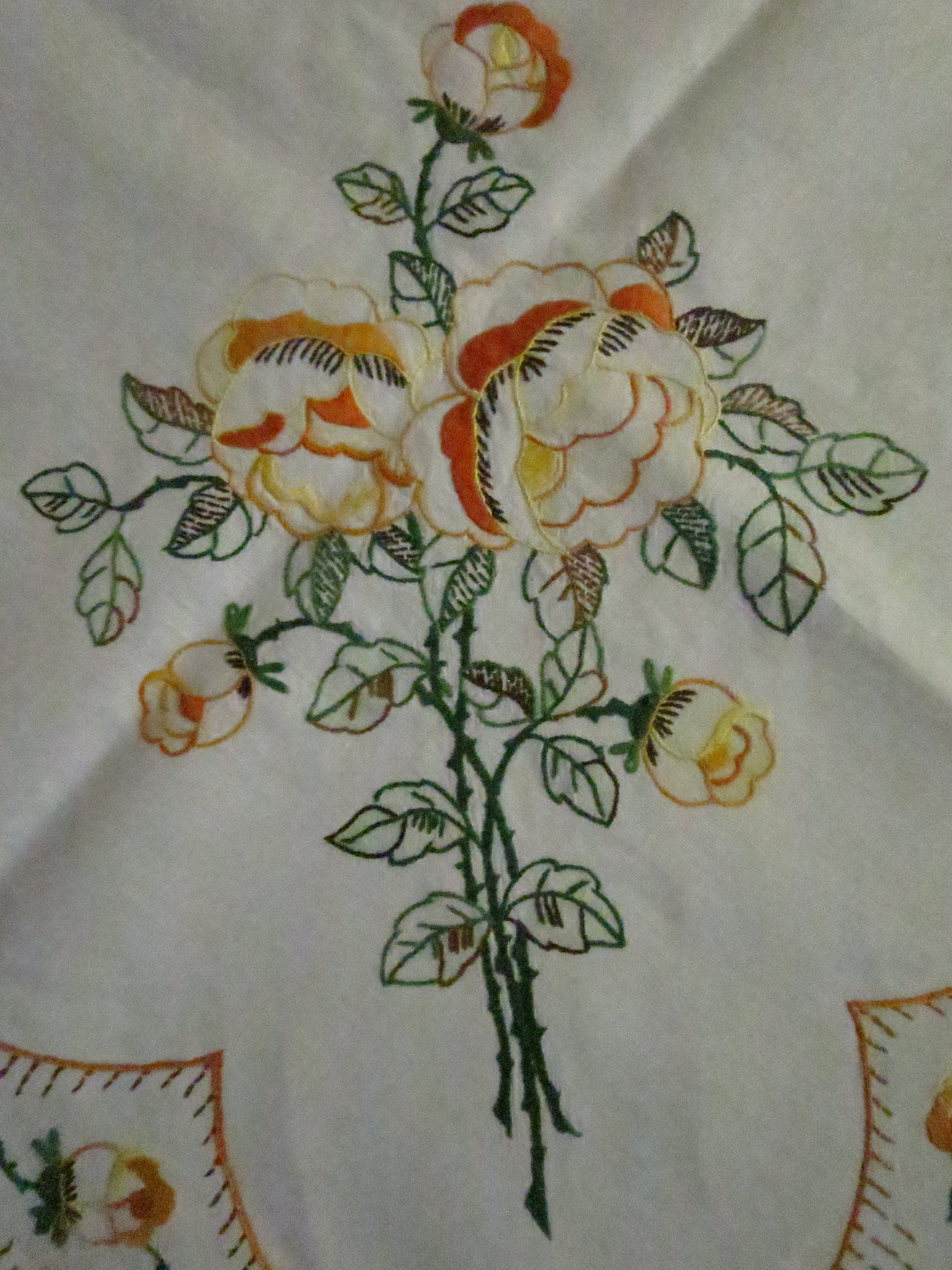 Art Deco Irish Linen Table Cloth- Hand Embroidered Roses