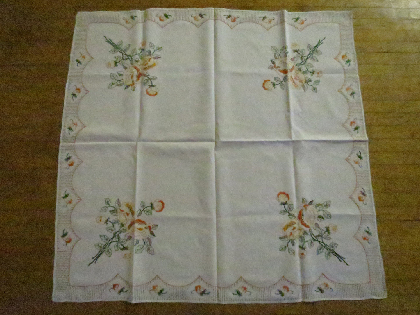 Art Deco Irish Linen Table Cloth- Hand Embroidered Roses