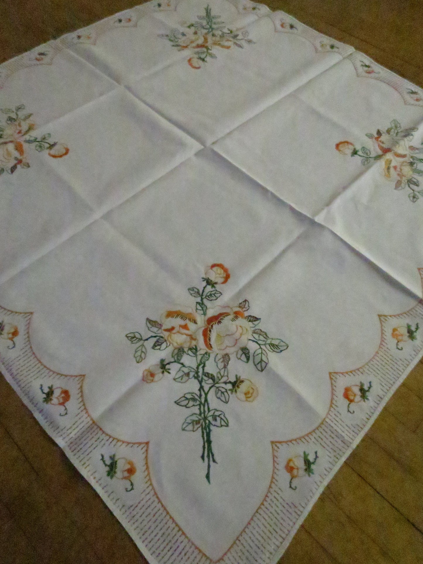 Art Deco Irish Linen Table Cloth- Hand Embroidered Roses