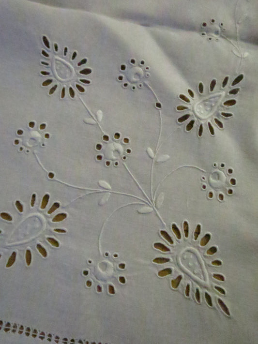 Art Deco Edwardian Irish Linen Table Cloth- Hand Worked Whitework Eyelet Embroidery & Drawn Threads