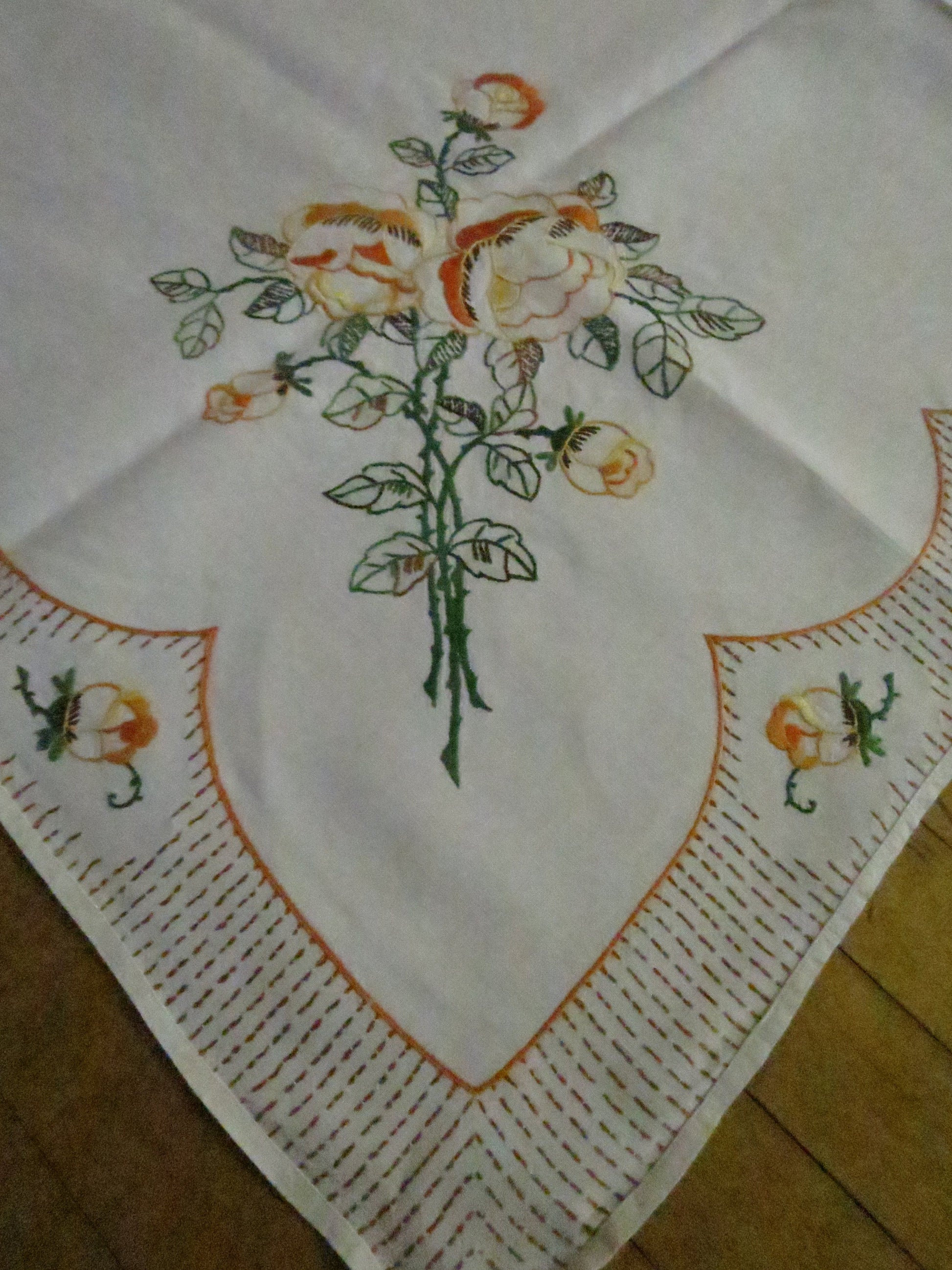 Art Deco Irish Linen Table Cloth- Hand Embroidered Roses