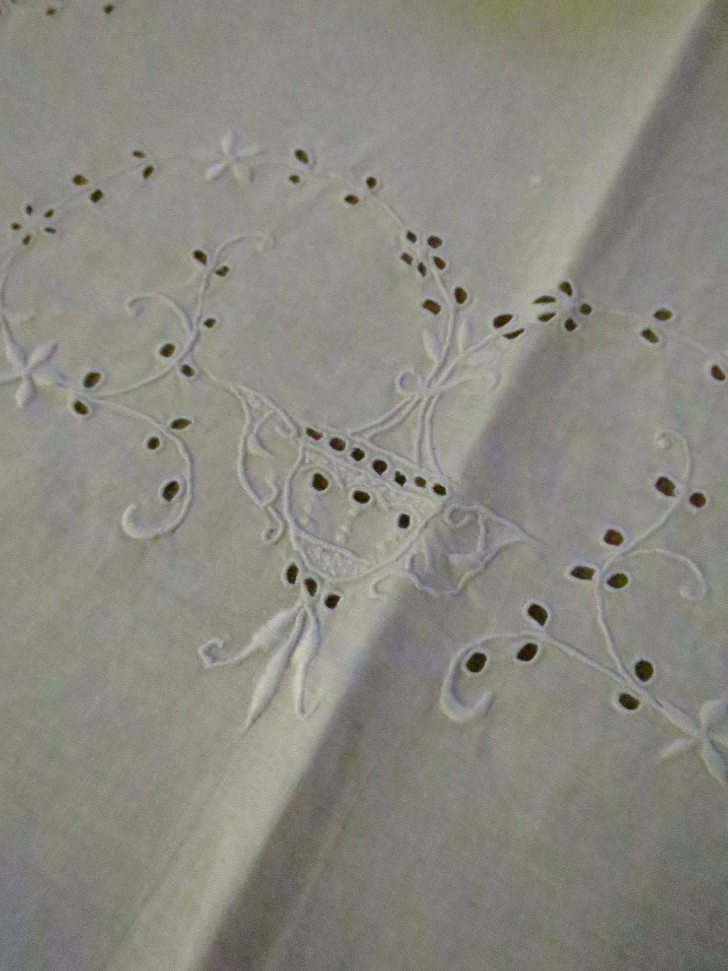 Antique Edwardian Irish Linen Table Cloth- Hand Worked Whitework Eyelet & Cutwork Embroidery