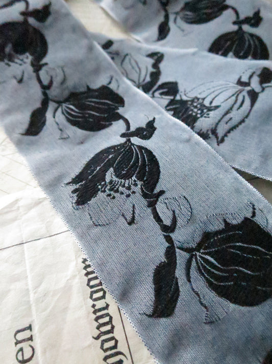 Trailing Tulips 60 mm Jacquard Woven Ribbon- Black & Grey