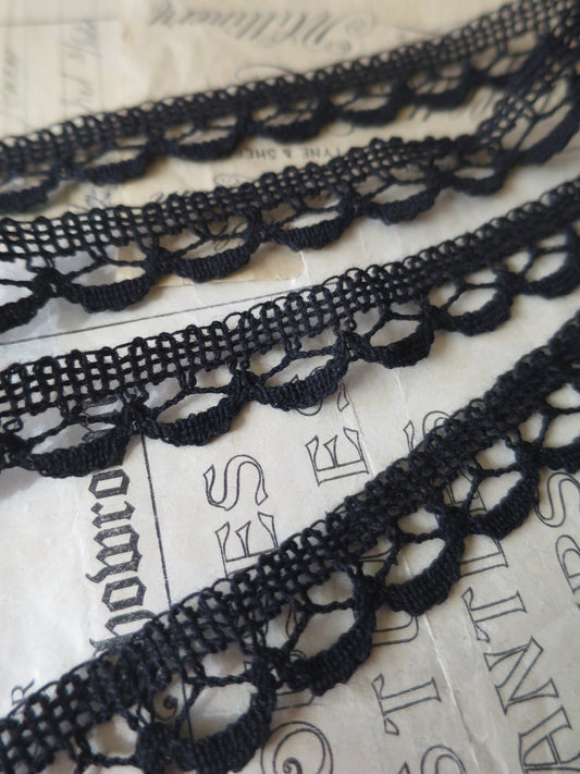 Black English Nottingham Lace- Openwork Scallops- 2 cm