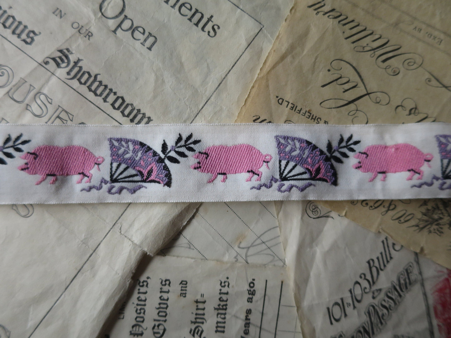 Pigs & Fans 25 mm Jacquard Woven Ribbon- Ecru