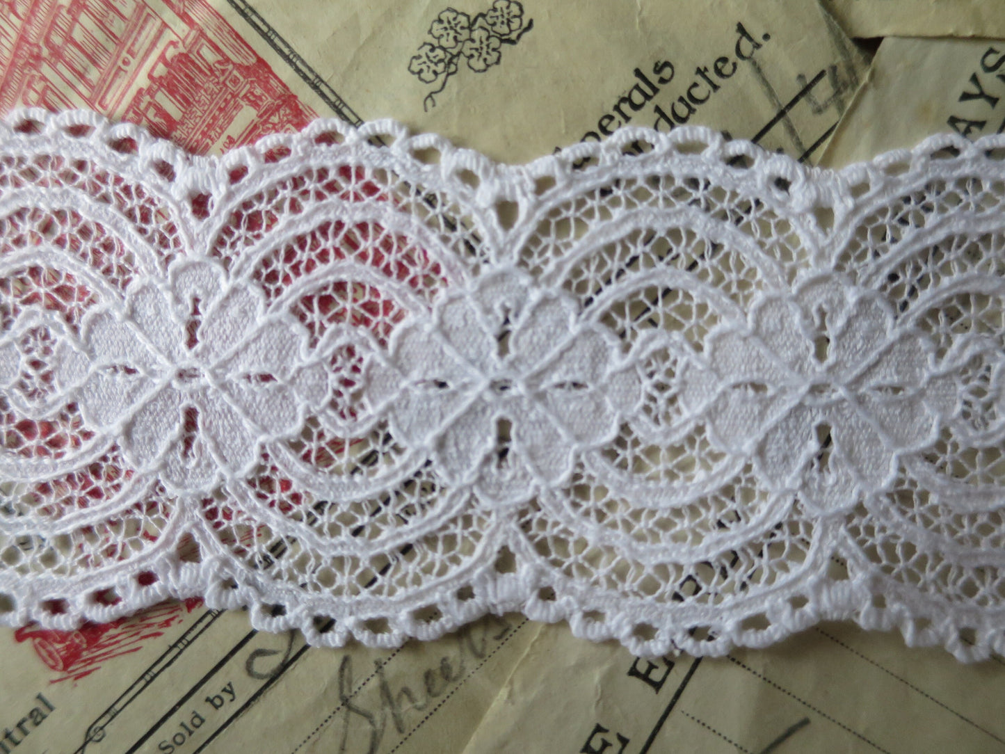 White English Nottingham Lace- Raised Floral- Galloon- 5.5 cm