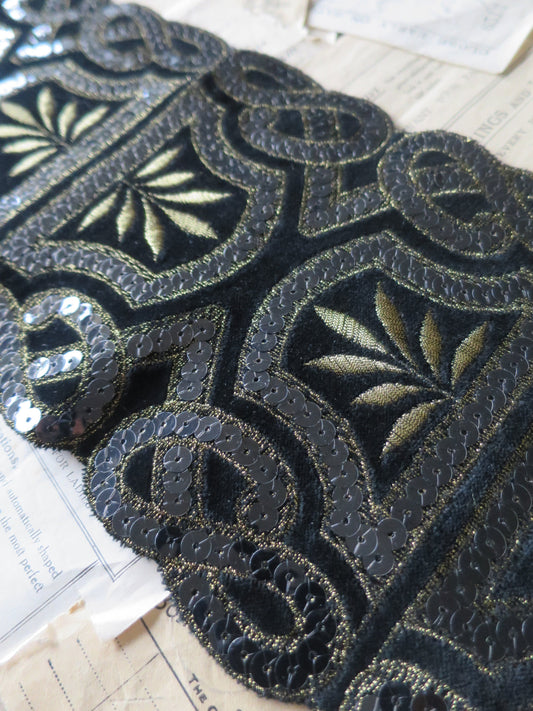 Black Cotton Velvet Gilt Embroidered & Sequined Art Deco Style Applique