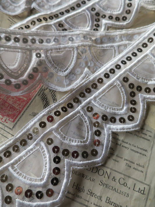 White Art Deco Style Embroidered & Sequined Tulle Trim