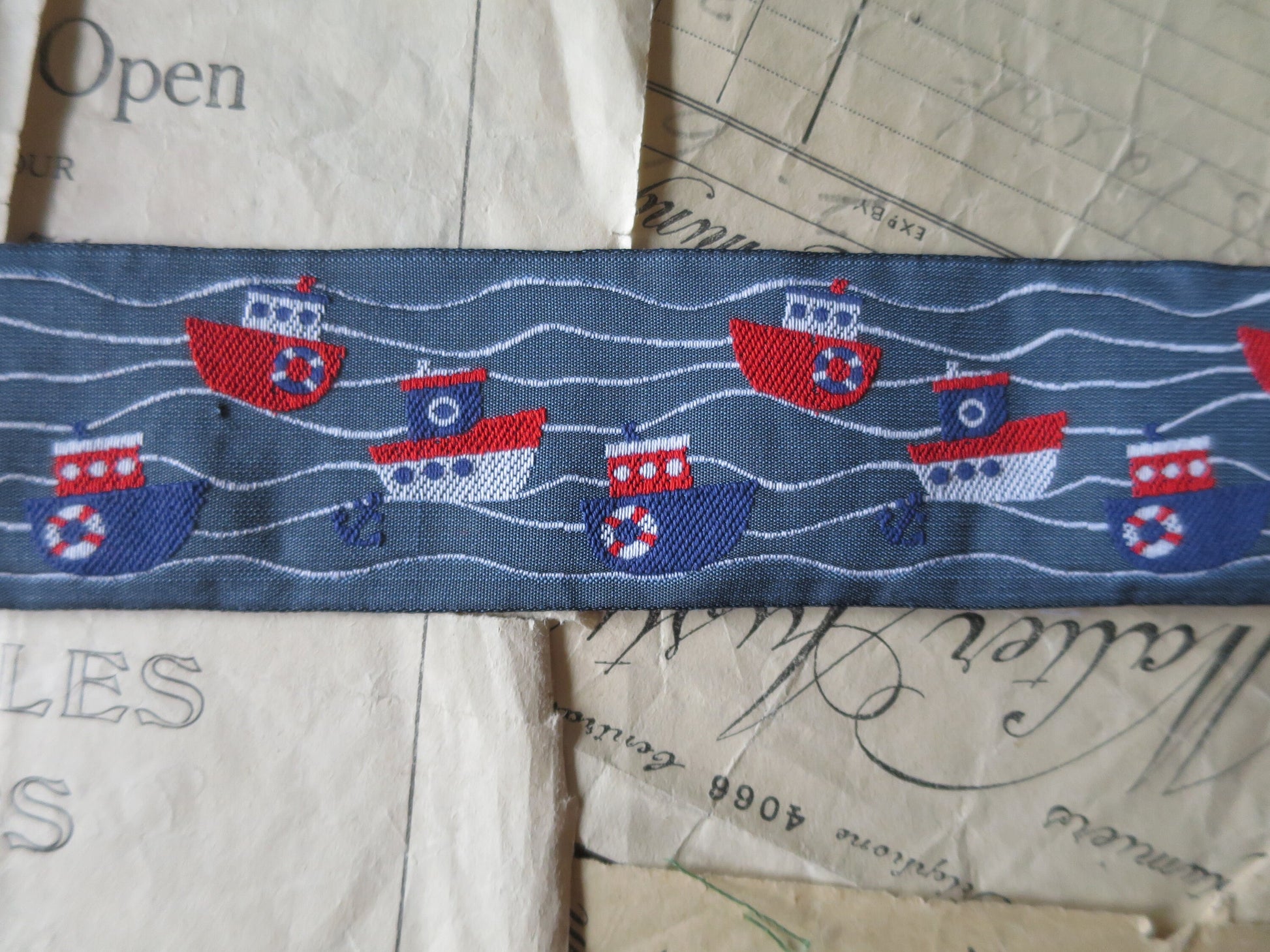 Little Boats 40 mm Navy Blue Jacquard Woven Ribbon