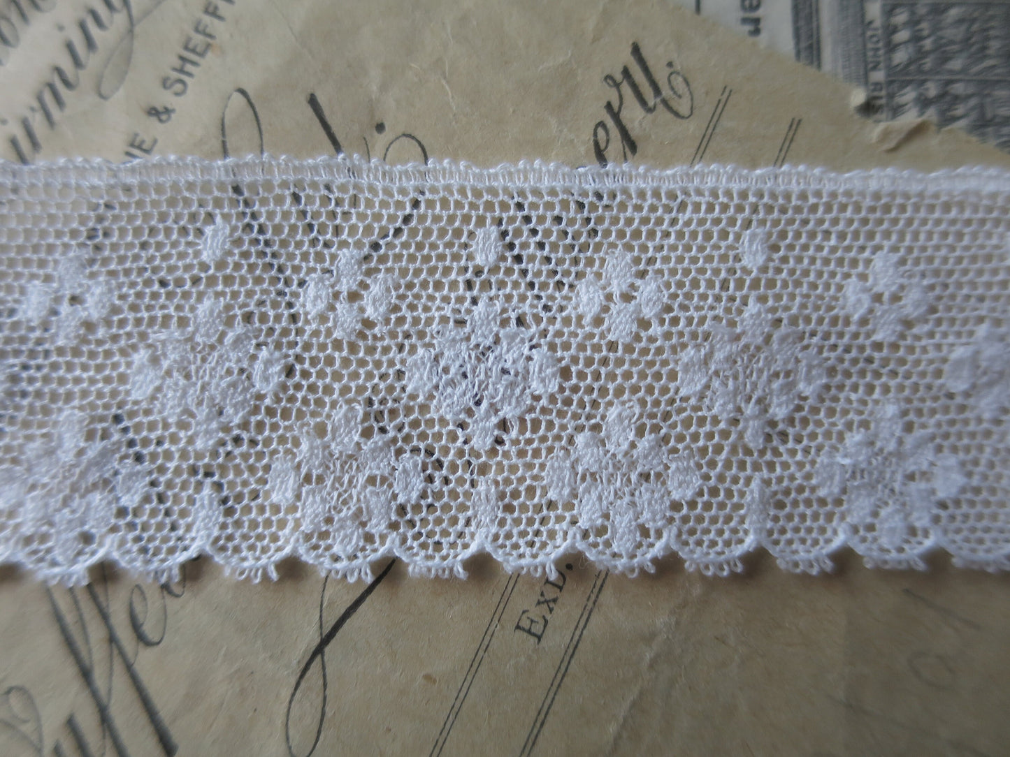 Off White English Nottingham Lace- Diamond Spots- 3.5cm