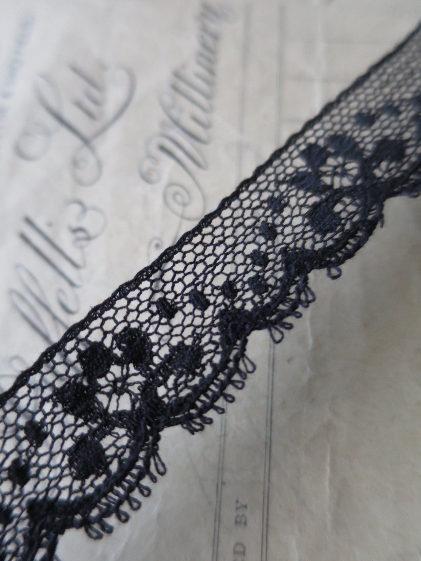 Black English Nottingham Lace- Valenciennes Floral Spot- 2.2 cm