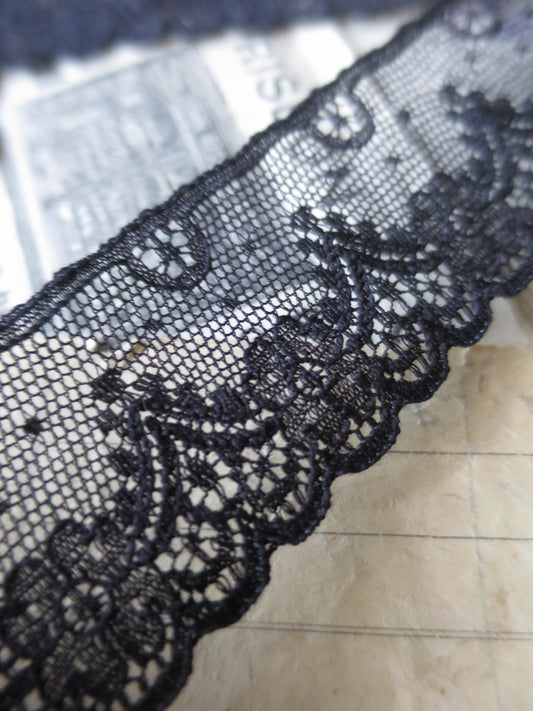 Black English Nottingham Lace- Diamond & Floral Point Lace- 3.5 cm