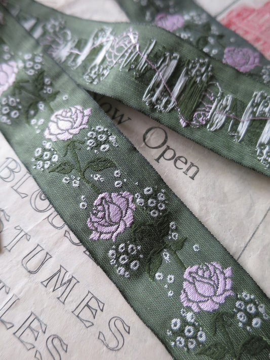 Remnants Rose & Gypsophila 32 mm Jacquard Woven Ribbon- Green