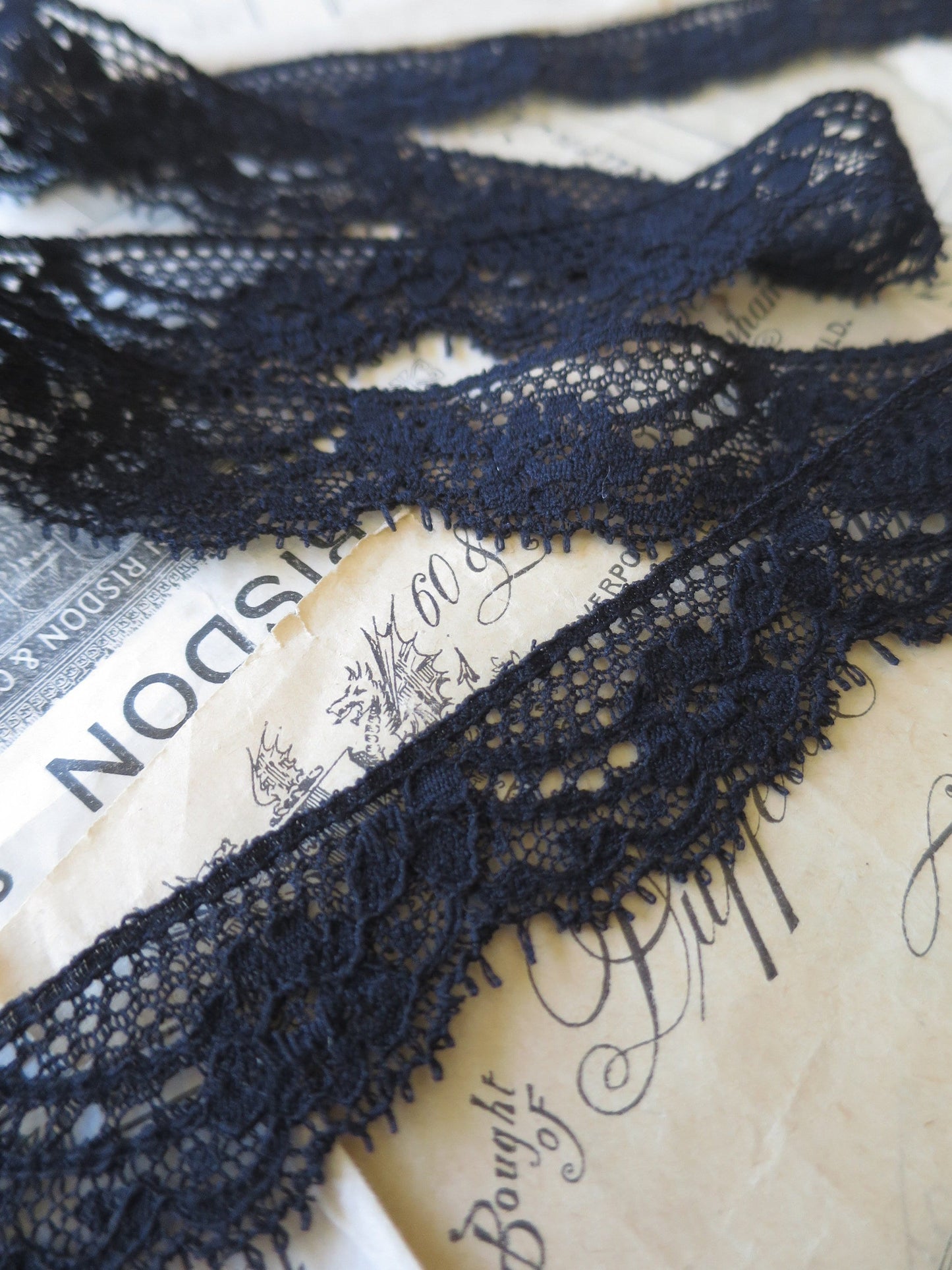 Black English Nottingham Lace- Raised Floral Swags Point Lace- 3cm