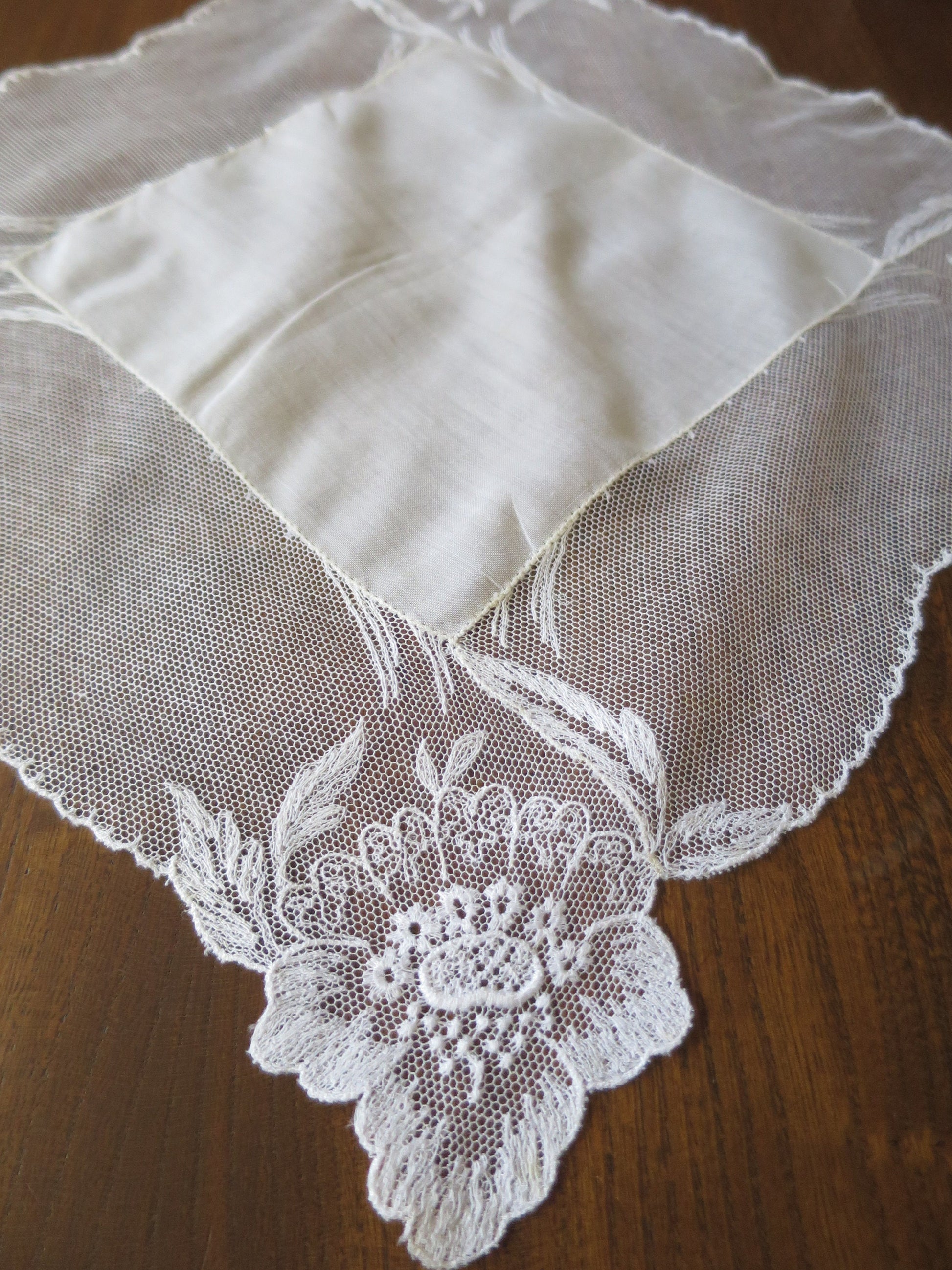 Pretty Antique Wedding Handkerchief- Floral Motifs on Embroidered Net