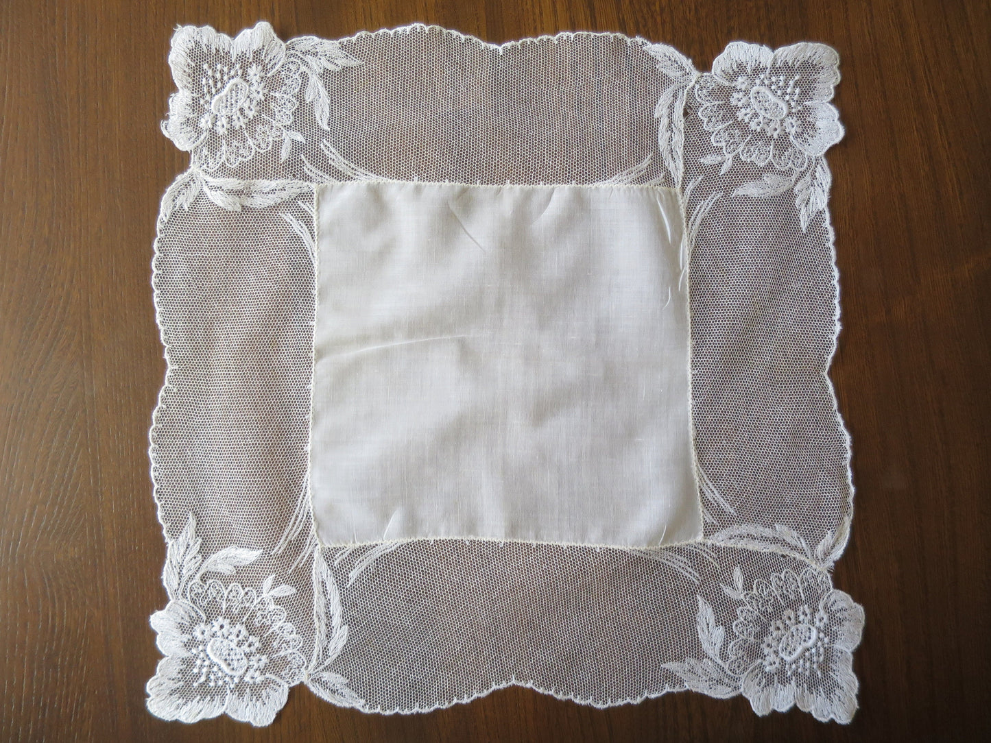 Pretty Antique Wedding Handkerchief- Floral Motifs on Embroidered Net