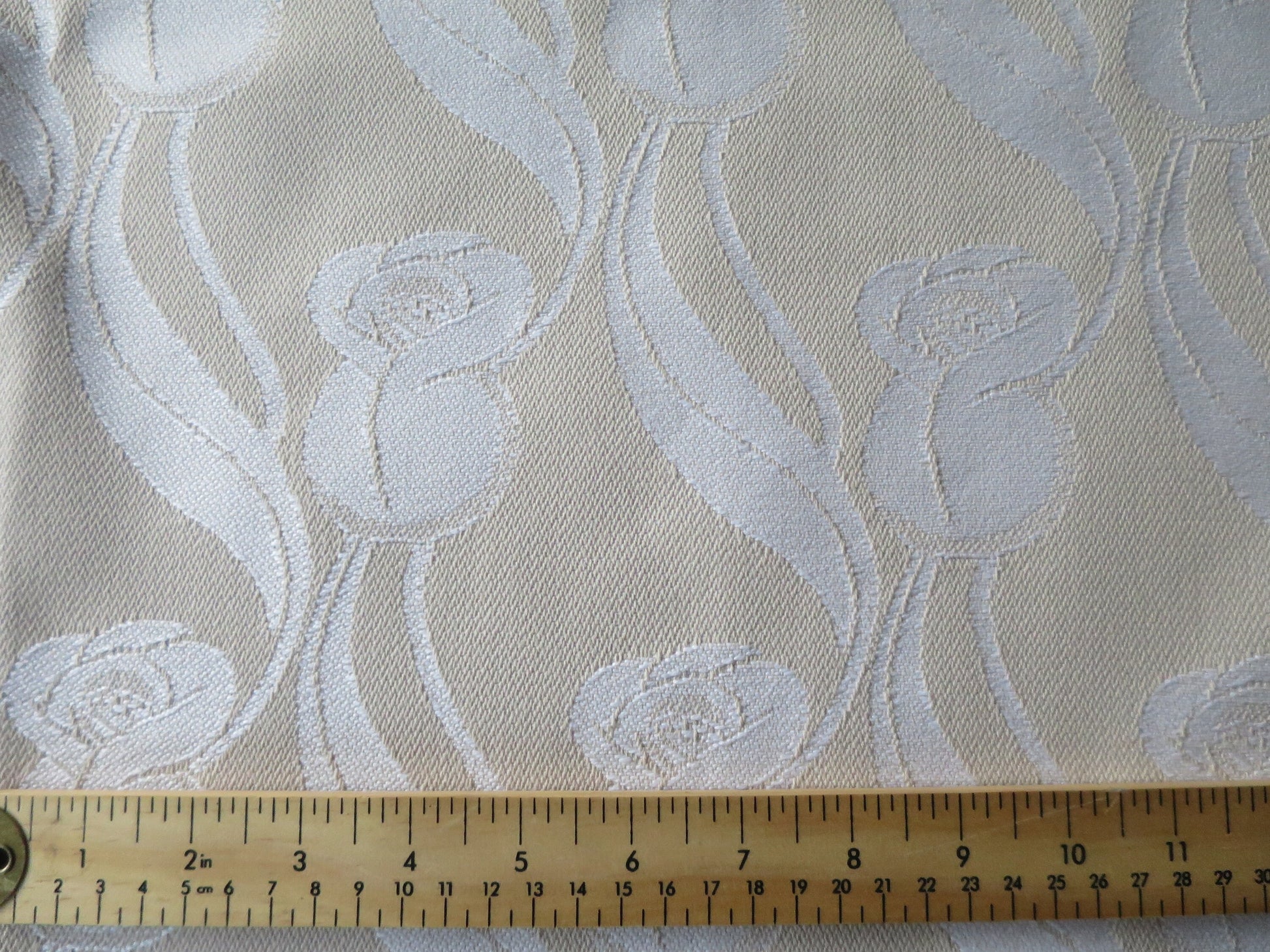 Handwoven Scottish Damask- Margaret Macdonald Mackintosh Roses- White & Sand- By the Meter- Home Furnishings- Upholstery