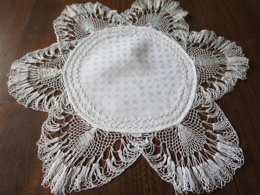 Antique Linen Damask Doily- Whitework Hand Embroidery & Hand Worked Knotted Lace