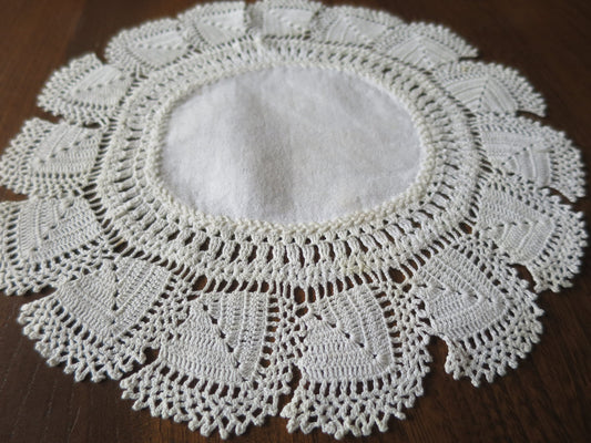 Antique Linen Damask Doily- Hand Embroidery & Hand Worked Crochet