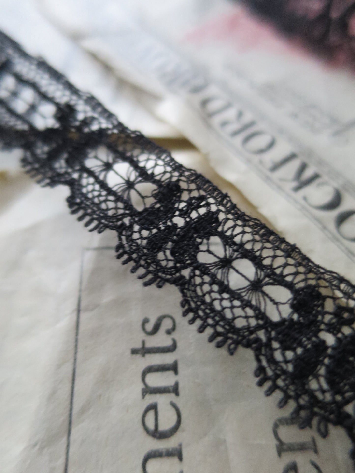 Black English Nottingham Lace- Floral & Openwork Point Lace- 1.7 cm