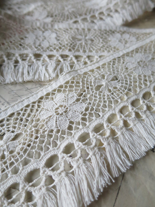 Ecru English Nottingham Cluny Lace- Fringed Torchon- 8.7 cm