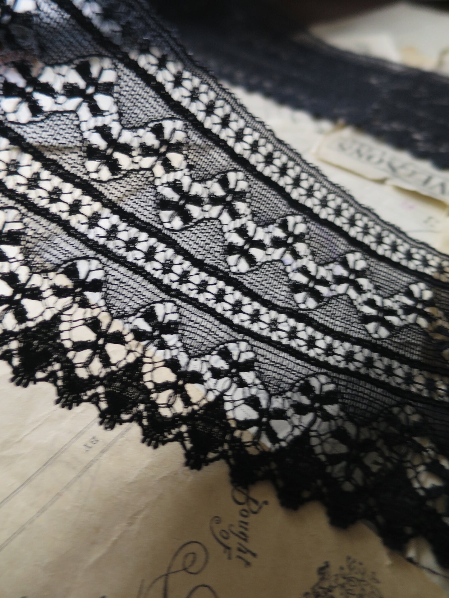 Black English Nottingham Lace- Floral Waves- 7.5 cm