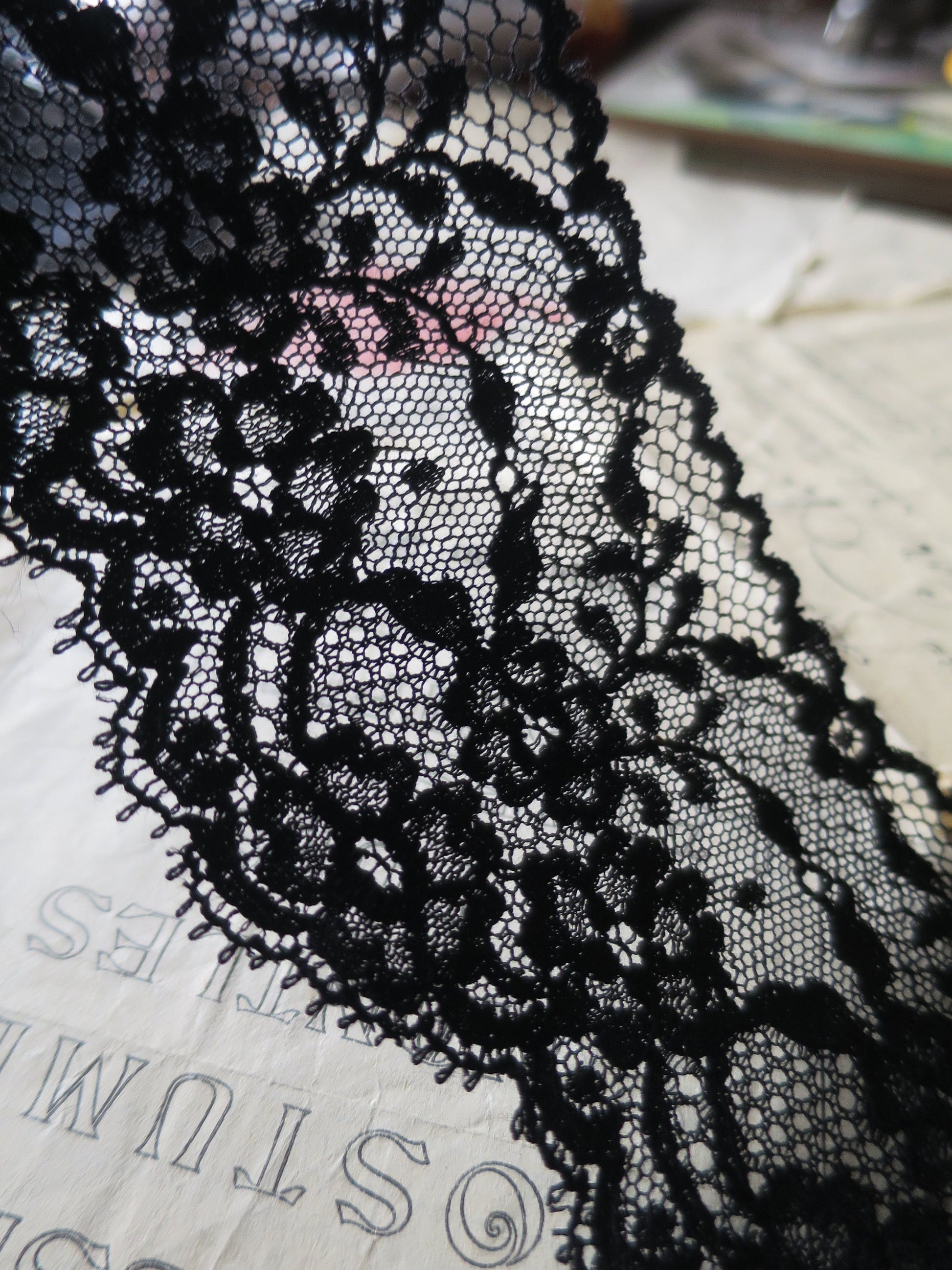 Black English Nottingham Lace- Frothy Floral Roses Swags Point Lace- 7cm