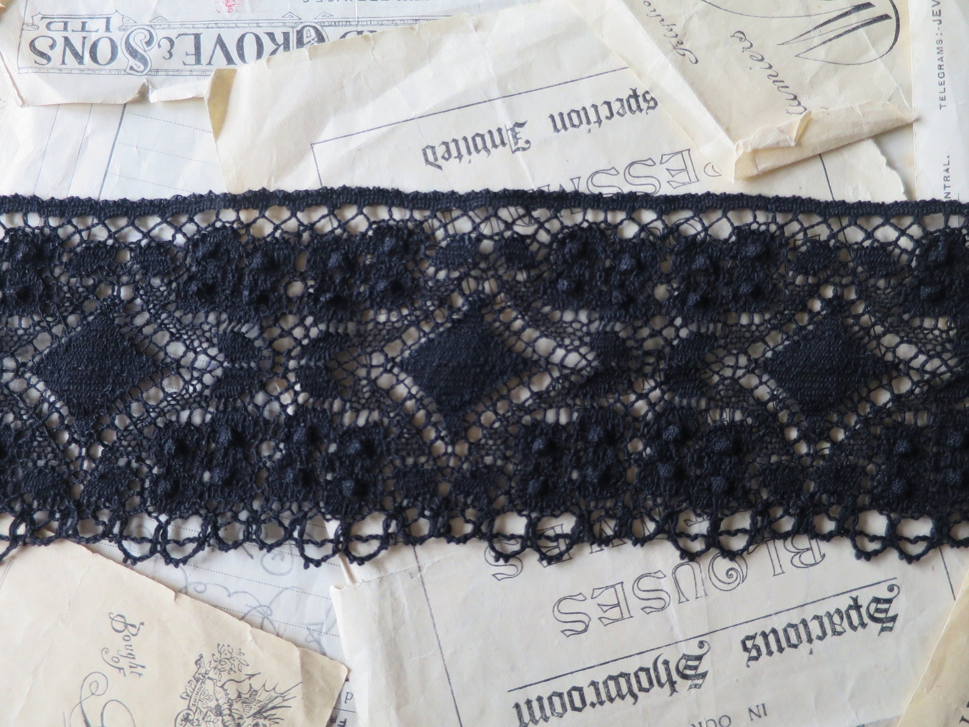 Black English Nottingham Cluny Lace- Diamond & Raised Spots Torchon Guipure - 8.5 cm