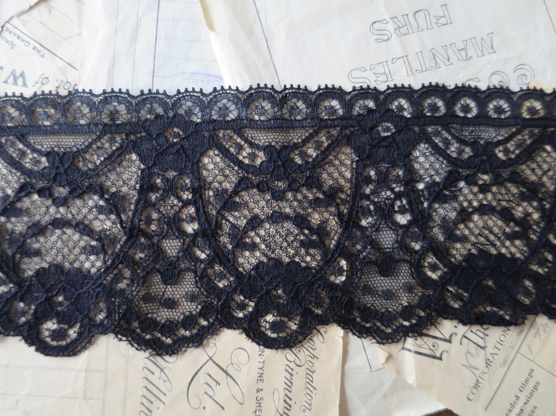 Black English Nottingham Lace- Swags & Cartouches Point Lace- 9.8 cm